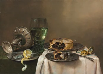 Pronkstilleben med et roemer-glass, en veltet sølvtazza, en halvskrelt sitron på en tinnplate, en pai, et ur og en kniv, 1631