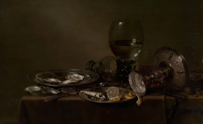Stilleben med østers, en sølvtazza og glassvarer, 1635