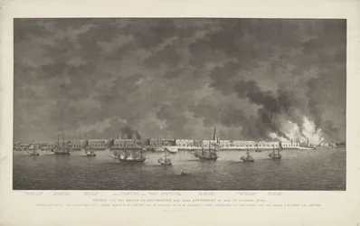 Utsikt over merkevaren og skytingen av byen Antwerpen 27. oktober 1830, under kommando av Z. Exc.e Luit.t Gener.l Baron DH Chassé; med stillingen som ZM Smaldeel under kommando av van den Kapit.n ter Zee, Jonkh.r JE Lewe van Aduard (tittel på obj