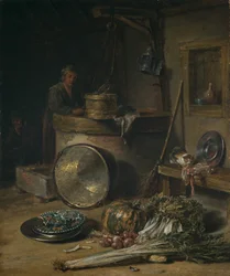 Bondeinteriør med kvinne ved en brønn, ca. 1642–43 (olje på panel)