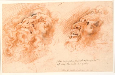 Laocoon. To studier av Laocoons ansikt, den ene ser ut til å ligge nedenfra, og den andre i profil til venstre.