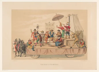 Sjette gruppe av maskerade i Utrecht i 1856 God jul (tittel på objekt) Vårt hjemland omkring midten av 1600-tallet, foreslått av H.H. studenter, medlemmer av Mutua Fides, i feiringen av 220-årsjubileet til Utrechtsche Hoogeschool, den 25.