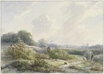 Landskap med gård og storfe