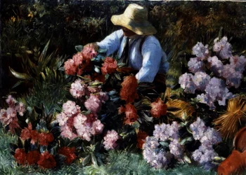 Rhododendroner. En gartner steller blomstene sine i en hage. Maleri av Willem Roelofs (1822–1897 nederlandsk) Privat samling