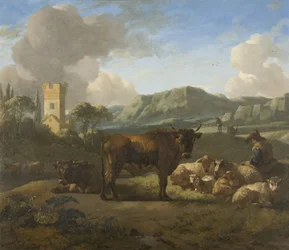 Storfe og gjetere i et kupert landskap, ca. 1650-70 (olje på panel)