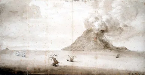 PD.703-1963 View of Stromboli, c.1661-5 (kritt, penn og blekk, vask)