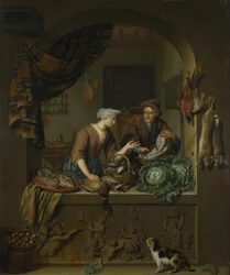 En kvinne og en fiskefarer på et kjøkken, 1713
