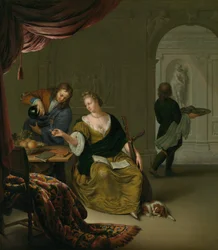 The Neglected Lute En dame med en lute som tar vin i et rikt interiør, 1705.