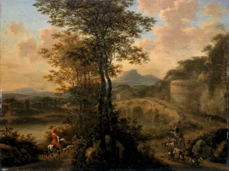Italiensk elvelandskap med steinbro, 1650