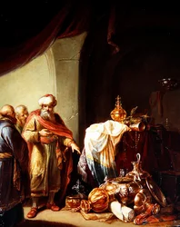 Croesus viser rikdommene sine til Solon (olje på panel)
