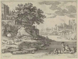 Havn med robåter, figurer og husdyr