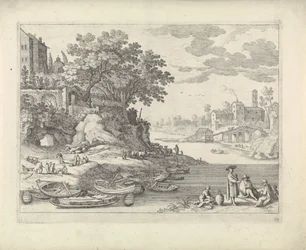 Havn med robåter, figurer og husdyr