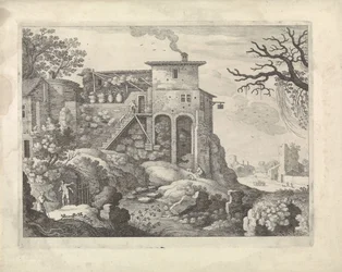 Italiensk landskap med vertshus