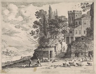 Landskap med hus, figurer og storfe