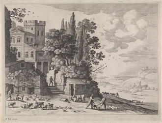 Landskap med hus, figurer og storfe