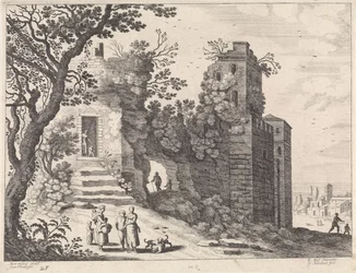 Ruin med en gruppe kvinner og barn Italienske landskap (serietittel)