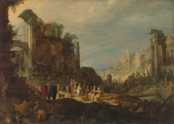 Reisende blant romerske ruiner med Rebekka og Eliezer ved brønnen, ca. 1602–1605 (olje på kobber)