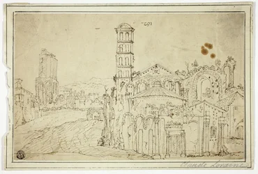 Utsikt i Roma: Torre della Melisa, ruinene av den tidlige kristne kirken