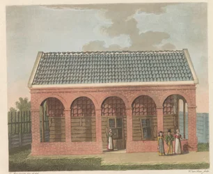 Tsar Peter House i Zaandam, 1824 Huset til tsar Peter den Grooten i den Jare 1697 bebodd i Zaandam / La Chaumière Habitée av tsar Pierre le Grand à Zaandan en 1697 (tittel på objekt)