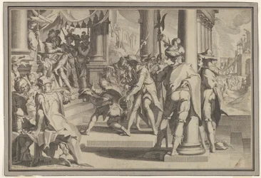 Allegory of Justice Sanctity of the Law med en rettsscene som skildrer en mann som blir benådet ..., 1605.