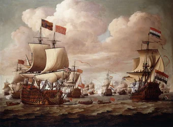 Den engelske og nederlandske flåten utveksler hilsener til sjøs med "Prinsen" og "Gouden Leeuw" i forgrunnen, 1684