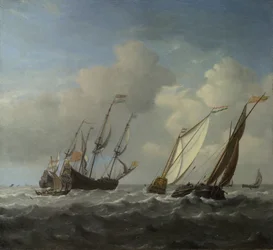 Et nederlandsk skip, en yacht og mindre fartøy i en bris, ca. 1660