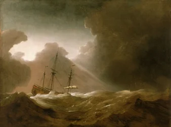 Et nederlandsk skip som rusler foran en storm, ca. 1690 (olje på lerret)