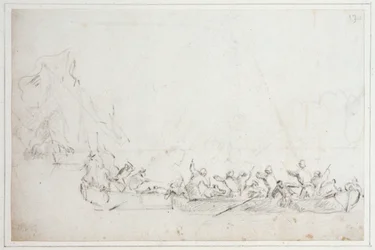 En kamp i båter mellom nederlandske eller engelske og barbareske pirater, ca. 1675 (kritt)