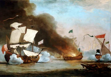 Et engelsk skip i aksjon med Barbary Corsars, cirka 1680, ca. 1685 (olje på lerret)