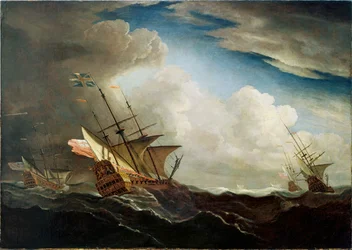 Engelske skip til sjøs som slår mot vinden i en kuling, ca. 1690 (olje på lerret)