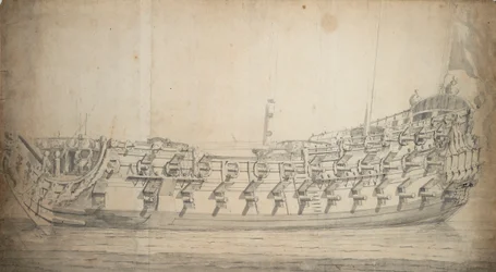 Portrett av «Grafton», tredje klasse, bygget i 1679 og gjenoppbygd i 1700, ca. 1680 (grafitt, gråvasket)