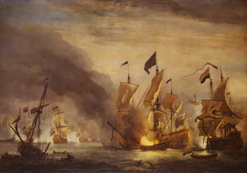 Brenningen av HMS #39;Royal James#39; i slaget ved Solebay, 28. mai 1672, sent på 1600-tallet (olje på lerret)