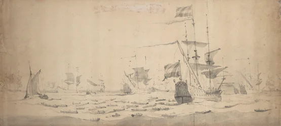 En nederlandsk flåte som ligger og venter i en bris: et krigsråd, ca. 1665 (grafitt, gråvasket)