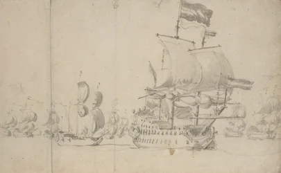 Et nederlandsk flaggskip med et ekspeditionsskip om bord, mai 1672, ca. 1672 (blyant, vasking)