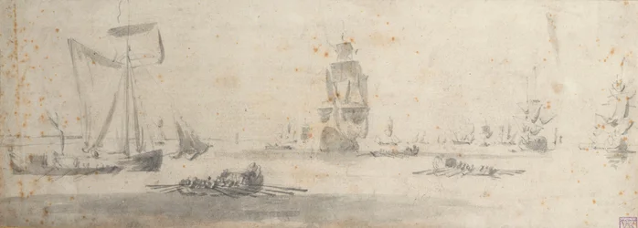 En galliot i lett vind og flere lektere, ca. 1681 (grafitt, gråvasket)