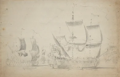 En engelsk todekker under lett seil, ca. 1675 (blyant, vask)
