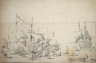 Nederlandske kampskip tørker seil, ca. 1658 (grafitt, gråvasket)