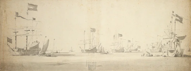 Nederlandske flaggskip for anker med båter ved siden av, ca. 1664 (grafitt, gråvasket)