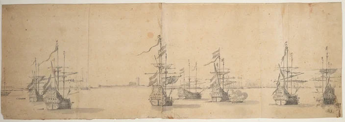 Nederlandske skip for anker utenfor en lav kyst, ca. 1658 (grafitt, gråvasket)
