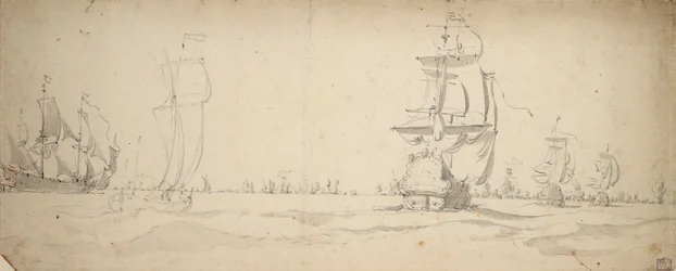 Nederlandske skip som kjører ned mot hovedflåten, mai 1672, ca. 1672 (grafitt, gråvasket)