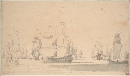 Engelske skip, en ketch og en galliot i en lett bris, juni 1673, ca. 1673 (blyant, vask, penn, brunt blekk)