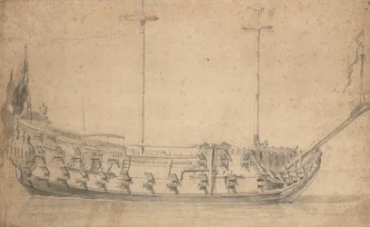 Portrett av en engelsk fjerderangssoldat, omtrent 42 kanoner, ca. 1675 (blyant, lavering)