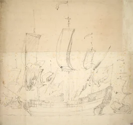 Portrett av «George» Brannskip kjøpt i 1672, 6 kanoner, senket for fundamentering i 1674, ca. 1673 (forskyvning, svart kritt)