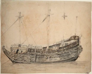 Portrett av «Vrijheid», et skip med 50 kanoner fra Amsterdams admiralitet, bygget i 1651 og sprengt i luften i aksjon i 1676, ca. 1653 (grafitt, gråvasket, brun penn, blekk)