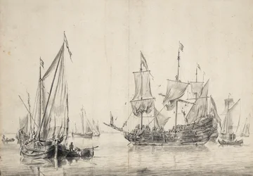 Seilbåter og en nederlandsk fregatt som tørker seilene sine. Tegning og vasking (26x37 cm), av William van de Velde l#39;Ain (ca. 1611–1693), ca. 1665.