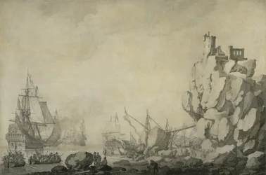 Skip og milits ved en steinete kyst, ca. 1680 (penn og blekk på forberedt lerret)