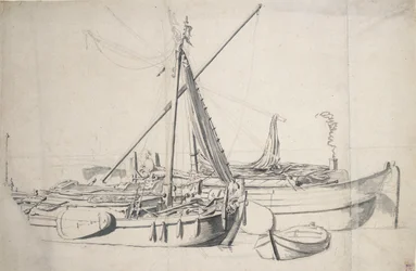 Studie av en damlooper og et smalskip som ligger ved siden av hverandre, ca. 1665 (grafitt, gråvasket)