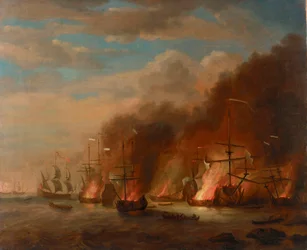 Brenningen av «Soleil Royal» i slaget ved La Hogue, 23. mai 1692, sent på 1600-tallet (olje på lerret)