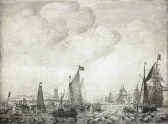 Handelsskip til Orienten og deres eskorte, forlater Vlie (eller Vliestroom), sjøruten mellom øyene Vlieland og Treschelling (Holland), 9. juni 1645