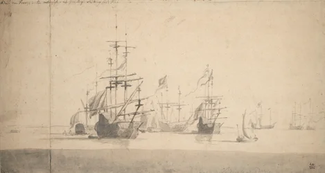 Tromp i #39;Oosterwijk#39; som hilser, ca. 1664 (grafitt, grå vask)